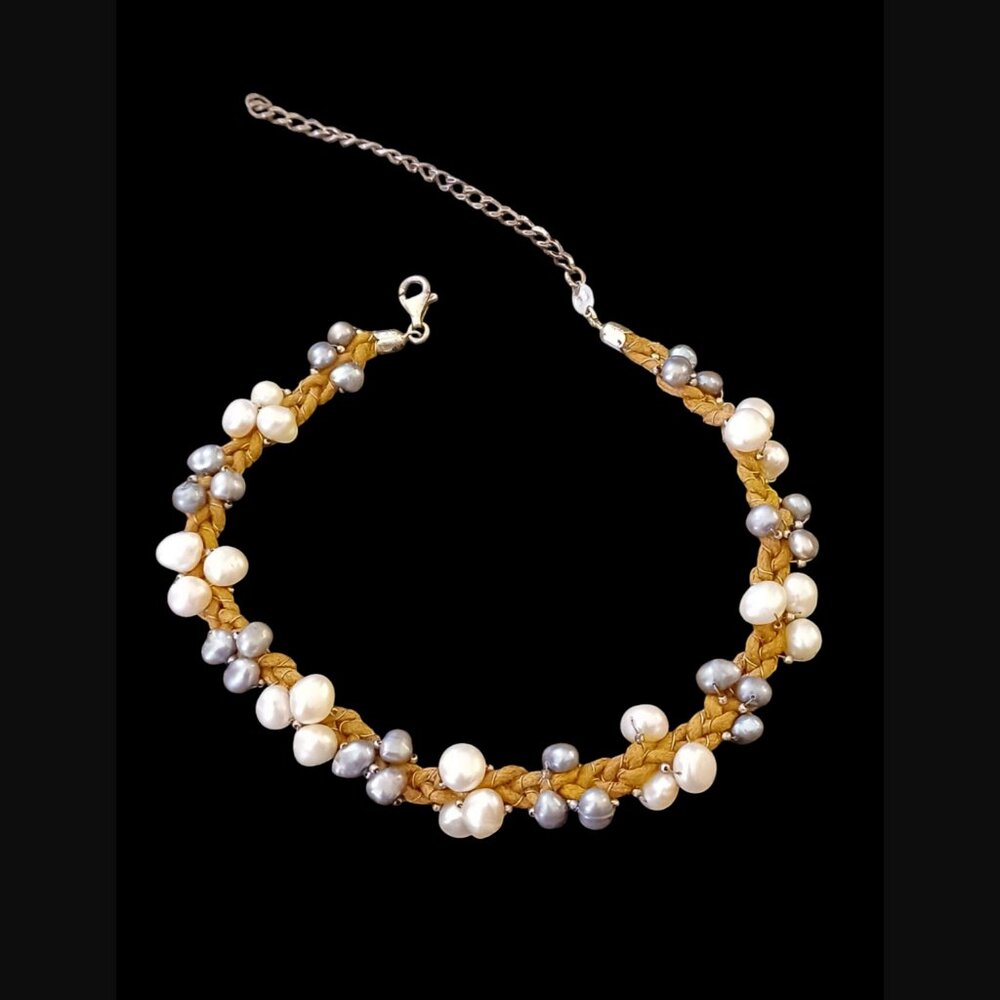925 Sterling Silver Woven Cord Natural Pearl Cluster 17.5" Necklace